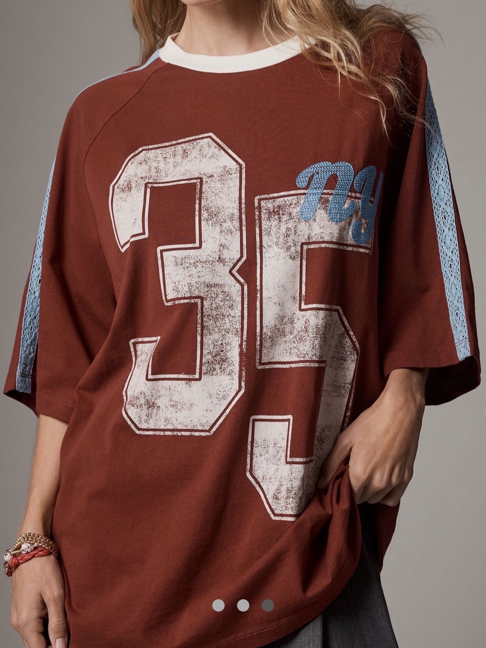 Anthropologie Rust Brown Graphic '35' Short Sleeve Tee with Blue Trim